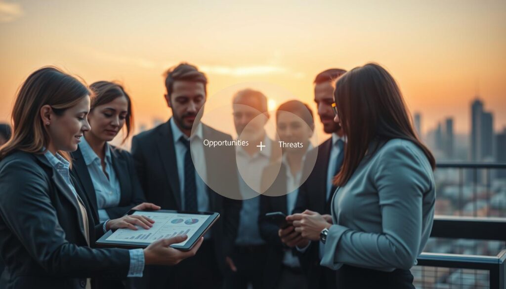 A conceptual digital artwork illustrating "Externe Analyse" for a SWOT analysis. In the foreground, a diverse group of professionals in business attire, engaged in a discussion around a digital tablet displaying charts and graphs. The middle layer features a large, semi-transparent Venn diagram showing overlapping circles labeled "Opportunities" and "Threats," symbolizing external assessment. The background depicts a city skyline with a setting sun, creating a warm glow that infuses the scene with optimism and a hint of uncertainty. The image should be sharply defined, captured as if shot on a Sony A7R IV at 70mm, with crisp lighting and a polarizing filter to enhance colors, evoking a mood of focus and strategic insight. A conceptual digital artwork illustrating "Externe Analyse" for a SWOT analysis. In the foreground, a diverse group of professionals in business attire, engaged in a discussion around a digital tablet displaying charts and graphs. The middle layer features a large, semi-transparent Venn diagram showing overlapping circles labeled "Opportunities" and "Threats," symbolizing external assessment. The background depicts a city skyline with a setting sun, creating a warm glow that infuses the scene with optimism and a hint of uncertainty. The image should be sharply defined, captured as if shot on a Sony A7R IV at 70mm, with crisp lighting and a polarizing filter to enhance colors, evoking a mood of focus and strategic insight.