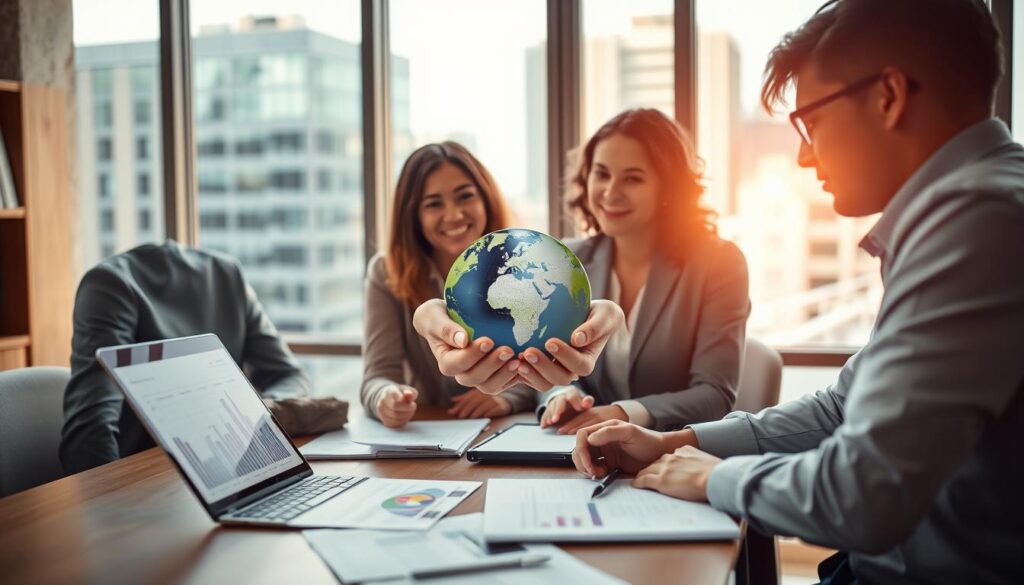 A conceptual image illustrating the definition of Non-Profit Organizations (NPOs). In the foreground, a diverse group of three professionals in business attire are engaged in a thoughtful discussion around a table, with documents and a laptop open, showcasing charts related to community impact. The middle layer features visuals of hands exchanging a globe, symbolizing global outreach and collaboration. In the background, a large window reveals an urban landscape, suggesting growth and opportunity. The scene is illuminated with soft, natural light streaming in, creating a warm, inviting atmosphere. Shot on a Sony A7R IV at 70mm, the focus is sharp and clear, enhanced by a polarized filter to enrich colors and contrast. A conceptual image illustrating the definition of Non-Profit Organizations (NPOs). In the foreground, a diverse group of three professionals in business attire are engaged in a thoughtful discussion around a table, with documents and a laptop open, showcasing charts related to community impact. The middle layer features visuals of hands exchanging a globe, symbolizing global outreach and collaboration. In the background, a large window reveals an urban landscape, suggesting growth and opportunity. The scene is illuminated with soft, natural light streaming in, creating a warm, inviting atmosphere. Shot on a Sony A7R IV at 70mm, the focus is sharp and clear, enhanced by a polarized filter to enrich colors and contrast.