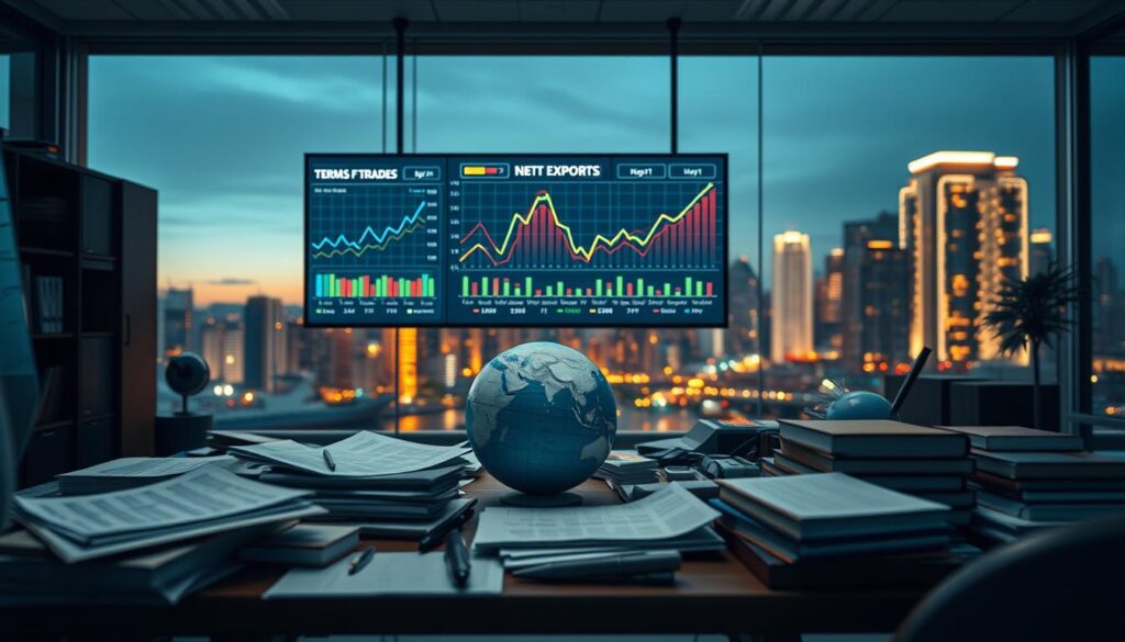 A conceptual visualization illustrating the relationship between Terms of Trade and Net Exports. In the foreground, a modern office desk cluttered with international trade documents, charts, and a globe, symbolizing global commerce. The middle layer features a large digital screen displaying graphs and data trends, emphasizing economic indicators with upward and downward arrows. In the background, a city skyline at dusk, with warm lights glowing in the buildings, representing business activity. The scene is lit with soft, ambient lighting to create a professional and analytical atmosphere. The image is captured using a Sony A7R IV at 70mm, ensuring sharp focus and clarity, enhanced by a polarized filter for vivid colors and contrasts. A conceptual visualization illustrating the relationship between Terms of Trade and Net Exports. In the foreground, a modern office desk cluttered with international trade documents, charts, and a globe, symbolizing global commerce. The middle layer features a large digital screen displaying graphs and data trends, emphasizing economic indicators with upward and downward arrows. In the background, a city skyline at dusk, with warm lights glowing in the buildings, representing business activity. The scene is lit with soft, ambient lighting to create a professional and analytical atmosphere. The image is captured using a Sony A7R IV at 70mm, ensuring sharp focus and clarity, enhanced by a polarized filter for vivid colors and contrasts.