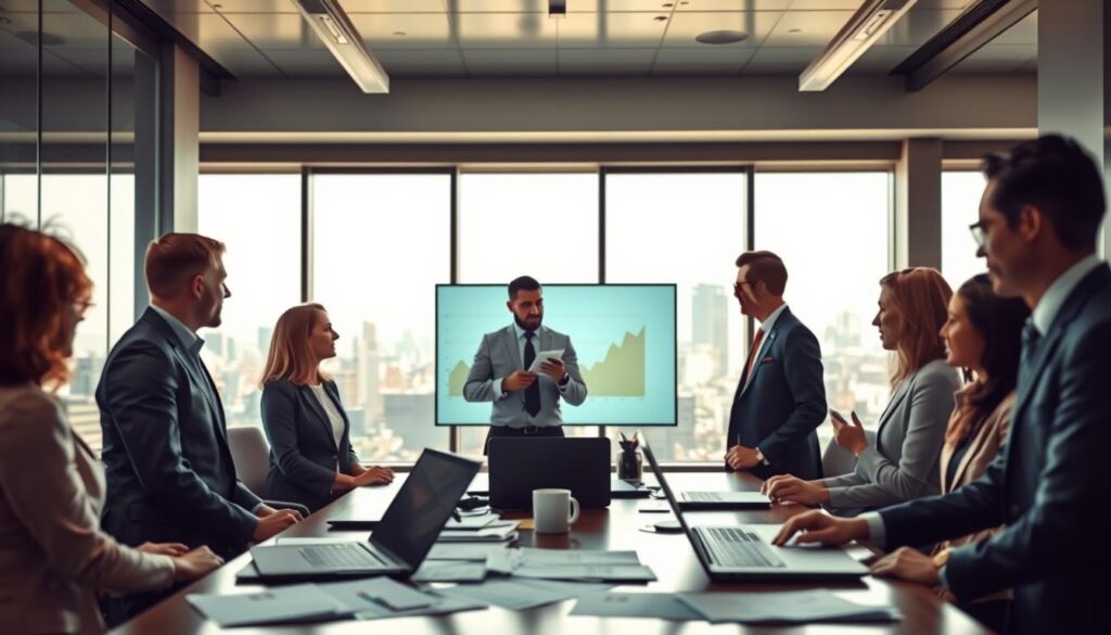 A detailed illustration of the venture capital financing process in a sleek, modern office environment. In the foreground, a diverse group of professional individuals in business attire are engaged in a lively discussion, reviewing charts and graphs on a digital screen. In the middle, a large conference table cluttered with financial documents and laptops emphasizes collaboration and analysis. The background features large windows showcasing a city skyline, with soft daylight streaming through, creating an uplifting and hopeful atmosphere. Capture the essence of innovation and opportunity, with a slightly blurred depth of field to draw attention to the group. Shot on a Sony A7R IV with a 70mm lens, use a polarized filter for clarity and definition, highlighting the dynamic elements of the scene. A detailed illustration of the venture capital financing process in a sleek, modern office environment. In the foreground, a diverse group of professional individuals in business attire are engaged in a lively discussion, reviewing charts and graphs on a digital screen. In the middle, a large conference table cluttered with financial documents and laptops emphasizes collaboration and analysis. The background features large windows showcasing a city skyline, with soft daylight streaming through, creating an uplifting and hopeful atmosphere. Capture the essence of innovation and opportunity, with a slightly blurred depth of field to draw attention to the group. Shot on a Sony A7R IV with a 70mm lens, use a polarized filter for clarity and definition, highlighting the dynamic elements of the scene.