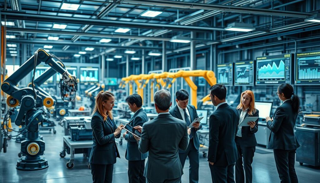 A detailed illustration representing the challenges of implementing cyber-physical systems in an industrial setting. In the foreground, a diverse group of professionals, dressed in smart business attire, discusses complex data on digital tablets and virtual interfaces. The middle ground features a high-tech manufacturing environment, showcasing robotic arms and sensor-laden machinery working in unison. In the background, digital screens display network-connected systems and graphs tracking performance metrics. The lighting should be bright and focused, highlighting the modernity of the workspace, with soft shadows adding depth. Capture the scene at an angle that emphasizes collaboration and the integration of technology, evoking a sense of innovation and urgency. Shot on Sony A7R IV at 70mm, ensuring clarity and sharp definition with a polarized filter. A detailed illustration representing the challenges of implementing cyber-physical systems in an industrial setting. In the foreground, a diverse group of professionals, dressed in smart business attire, discusses complex data on digital tablets and virtual interfaces. The middle ground features a high-tech manufacturing environment, showcasing robotic arms and sensor-laden machinery working in unison. In the background, digital screens display network-connected systems and graphs tracking performance metrics. The lighting should be bright and focused, highlighting the modernity of the workspace, with soft shadows adding depth. Capture the scene at an angle that emphasizes collaboration and the integration of technology, evoking a sense of innovation and urgency. Shot on Sony A7R IV at 70mm, ensuring clarity and sharp definition with a polarized filter.