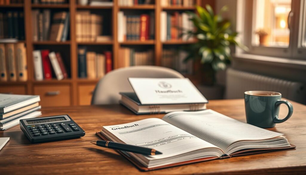 A detailed office scene focusing on business essentials related to bookkeeping. In the foreground, a beautifully arranged wooden desk displays an open ledger book (Hauptbuch) and a document folder labeled Grundbuch, surrounded by a classic calculator, a pen, and a cup of coffee. In the middle ground, a soft-focus background shows bookshelves filled with financial literature and an elegant green plant, creating a sense of professionalism and order. The lighting is warm and inviting, mimicking natural daylight from a nearby window, enhancing the atmosphere of a welcoming workspace. The image is shot with a Sony A7R IV at 70mm, ensuring sharp focus on the desk items while adding a slight bokeh effect to the background, conveying a calm and organized mood. A detailed office scene focusing on business essentials related to bookkeeping. In the foreground, a beautifully arranged wooden desk displays an open ledger book (Hauptbuch) and a document folder labeled Grundbuch, surrounded by a classic calculator, a pen, and a cup of coffee. In the middle ground, a soft-focus background shows bookshelves filled with financial literature and an elegant green plant, creating a sense of professionalism and order. The lighting is warm and inviting, mimicking natural daylight from a nearby window, enhancing the atmosphere of a welcoming workspace. The image is shot with a Sony A7R IV at 70mm, ensuring sharp focus on the desk items while adding a slight bokeh effect to the background, conveying a calm and organized mood.