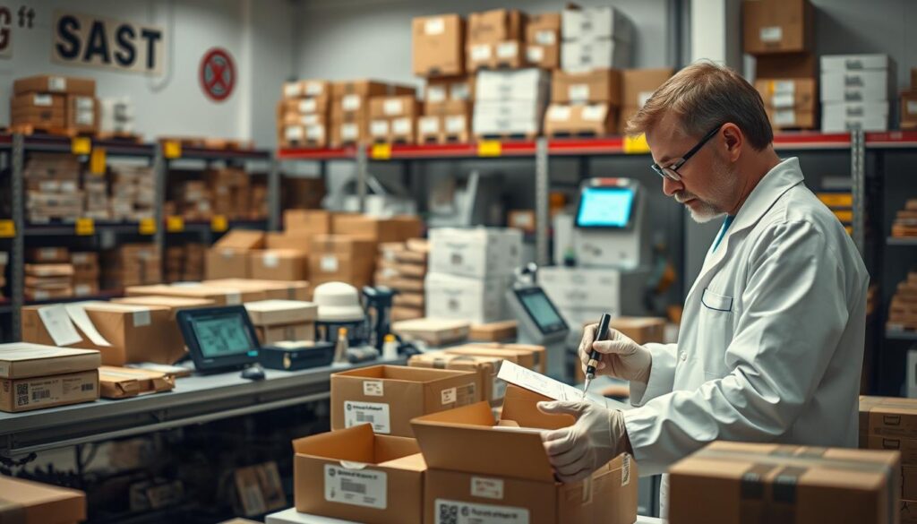 A detailed scene of quality control in packaging processes, showcasing a professional workspace. In the foreground, a focused technician in a lab coat examines packaging materials with precision tools, inspecting the integrity and design of boxes and labels. The middle ground features an organized workstation with various packaging samples, quality checklists, and digital screens displaying analytical data. In the background, shelves filled with neatly stacked packaging supplies and safety signage create a regulated environment. The scene is bathed in soft, natural light, highlighting the textures of the materials, shot with a Sony A7R IV at 70mm for sharp detail. The atmosphere conveys professionalism and dedication to quality standards in a modern packaging facility. A detailed scene of quality control in packaging processes, showcasing a professional workspace. In the foreground, a focused technician in a lab coat examines packaging materials with precision tools, inspecting the integrity and design of boxes and labels. The middle ground features an organized workstation with various packaging samples, quality checklists, and digital screens displaying analytical data. In the background, shelves filled with neatly stacked packaging supplies and safety signage create a regulated environment. The scene is bathed in soft, natural light, highlighting the textures of the materials, shot with a Sony A7R IV at 70mm for sharp detail. The atmosphere conveys professionalism and dedication to quality standards in a modern packaging facility.