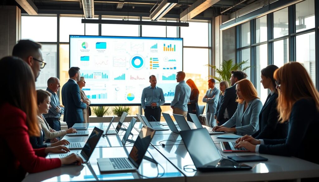 A dynamic office environment showcasing the integration of various business processes. In the foreground, a diverse group of professionals in business attire gather around a large digital screen displaying interconnected flowcharts and data analytics. The middle ground features sleek desks with modern technology, such as laptops and tablets, reflecting collaboration and communication. In the background, large windows let in natural light, casting a warm glow over the workspace. The atmosphere is vibrant and focused, illustrating efficiency and teamwork. Shot on a Sony A7R IV 70mm, the image is sharply defined with a polarized filter, enhancing clarity and depth. A dynamic office environment showcasing the integration of various business processes. In the foreground, a diverse group of professionals in business attire gather around a large digital screen displaying interconnected flowcharts and data analytics. The middle ground features sleek desks with modern technology, such as laptops and tablets, reflecting collaboration and communication. In the background, large windows let in natural light, casting a warm glow over the workspace. The atmosphere is vibrant and focused, illustrating efficiency and teamwork. Shot on a Sony A7R IV 70mm, the image is sharply defined with a polarized filter, enhancing clarity and depth.