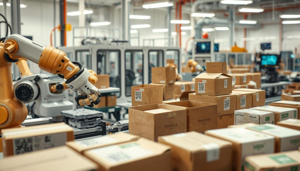 A dynamic scene depicting technological innovations in the packaging industry. In the foreground, showcase a modern packaging automation system with robotic arms efficiently assembling eco-friendly packages, displaying various materials like biodegradable plastics and paper. In the middle ground, include an array of smart packaging solutions, such as QR-coded boxes and temperature-sensitive labels, all set in a clean, well-lit factory environment. The background features advanced machinery and digital screens showing real-time data analytics. Capture the action with a sharp focus using a Sony A7R IV at 70mm, utilizing a polarized filter for clear details. The atmosphere is innovative and forward-thinking, illuminated by bright, white lighting that emphasizes cleanliness and high-tech efficiency. A dynamic scene depicting technological innovations in the packaging industry. In the foreground, showcase a modern packaging automation system with robotic arms efficiently assembling eco-friendly packages, displaying various materials like biodegradable plastics and paper. In the middle ground, include an array of smart packaging solutions, such as QR-coded boxes and temperature-sensitive labels, all set in a clean, well-lit factory environment. The background features advanced machinery and digital screens showing real-time data analytics. Capture the action with a sharp focus using a Sony A7R IV at 70mm, utilizing a polarized filter for clear details. The atmosphere is innovative and forward-thinking, illuminated by bright, white lighting that emphasizes cleanliness and high-tech efficiency.
