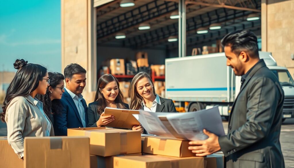 A dynamic scene illustrating the connection between packaging and logistics. In the foreground, a diverse team of professional individuals in business attire analyzes shipping boxes and logistics plans, their expressions focused and collaborative. The middle ground features a modern warehouse with neatly stacked boxes and various packaging materials, showcasing a well-organized distribution center. In the background, a delivery truck is parked, ready for dispatch, against a clear blue sky. The overall atmosphere conveys efficiency and teamwork, highlighting the critical relationship between packaging and logistics. Shot on a Sony A7R IV with a 70mm lens, the image captures sharp details with natural lighting, complemented by a polarized filter for enhanced clarity and contrast. A dynamic scene illustrating the connection between packaging and logistics. In the foreground, a diverse team of professional individuals in business attire analyzes shipping boxes and logistics plans, their expressions focused and collaborative. The middle ground features a modern warehouse with neatly stacked boxes and various packaging materials, showcasing a well-organized distribution center. In the background, a delivery truck is parked, ready for dispatch, against a clear blue sky. The overall atmosphere conveys efficiency and teamwork, highlighting the critical relationship between packaging and logistics. Shot on a Sony A7R IV with a 70mm lens, the image captures sharp details with natural lighting, complemented by a polarized filter for enhanced clarity and contrast.