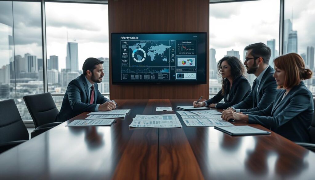 A focused business meeting in a sleek, modern conference room during a crisis. In the foreground, three diverse professionals in smart business attire are engaged in a serious discussion around a polished wooden table, with charts and graphs spread out before them. The middle ground features a large digital screen displaying crucial data and analytics, emphasizing priority setting. The background showcases panoramic windows revealing a stormy city skyline, symbolizing external challenges. The lighting is bright yet moody, casting soft shadows and highlighting the determination on their faces. This image is shot on a Sony A7R IV at 70mm, ensuring sharp details and a clear focus, enhanced by a polarized filter to deepen contrasts and clarity. A focused business meeting in a sleek, modern conference room during a crisis. In the foreground, three diverse professionals in smart business attire are engaged in a serious discussion around a polished wooden table, with charts and graphs spread out before them. The middle ground features a large digital screen displaying crucial data and analytics, emphasizing priority setting. The background showcases panoramic windows revealing a stormy city skyline, symbolizing external challenges. The lighting is bright yet moody, casting soft shadows and highlighting the determination on their faces. This image is shot on a Sony A7R IV at 70mm, ensuring sharp details and a clear focus, enhanced by a polarized filter to deepen contrasts and clarity.