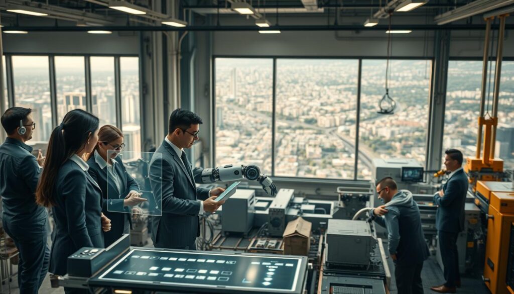 A futuristic factory environment showcasing the transformation of industry through cyber-physical systems. In the foreground, a diverse group of professionals in business attire engages with advanced machinery and interactive holographic displays, emphasizing collaboration and innovation. The middle ground features robotic arms seamlessly integrated with automated production lines, illuminated by soft, ambient lighting. In the background, large windows reveal a sprawling urban landscape dotted with smart buildings and greenery, symbolizing sustainability. The scene is captured with a Sony A7R IV at 70mm, featuring sharp detail and clarity, enhanced by a polarized filter. The overall mood conveys optimism and forward-thinking, reflecting rapid technological advancement in industry and economy. A futuristic factory environment showcasing the transformation of industry through cyber-physical systems. In the foreground, a diverse group of professionals in business attire engages with advanced machinery and interactive holographic displays, emphasizing collaboration and innovation. The middle ground features robotic arms seamlessly integrated with automated production lines, illuminated by soft, ambient lighting. In the background, large windows reveal a sprawling urban landscape dotted with smart buildings and greenery, symbolizing sustainability. The scene is captured with a Sony A7R IV at 70mm, featuring sharp detail and clarity, enhanced by a polarized filter. The overall mood conveys optimism and forward-thinking, reflecting rapid technological advancement in industry and economy.