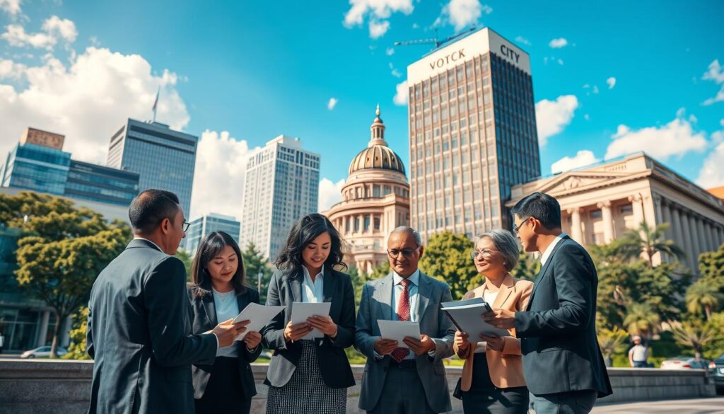 A harmonious scene depicting the collaboration between the market, state, and non-profit organizations in an urban setting. In the foreground, a diverse group of professionals in business attire engage in discussion while reviewing documents and digital tablets, symbolizing cooperation. In the middle ground, tall buildings representing market interests juxtaposed with government structures like city halls, blending city life. Trees and public spaces can be seen, reflecting community engagement. The background features a bright blue sky with soft clouds, conveying optimism and hope. The image is shot with a Sony A7R IV at 70mm, ensuring clear focus and sharp definition, with a polarized filter enhancing colors. The atmosphere should feel collaborative and forward-thinking, illustrating the important role of NPOs in the ecosystem of market and state. A harmonious scene depicting the collaboration between the market, state, and non-profit organizations in an urban setting. In the foreground, a diverse group of professionals in business attire engage in discussion while reviewing documents and digital tablets, symbolizing cooperation. In the middle ground, tall buildings representing market interests juxtaposed with government structures like city halls, blending city life. Trees and public spaces can be seen, reflecting community engagement. The background features a bright blue sky with soft clouds, conveying optimism and hope. The image is shot with a Sony A7R IV at 70mm, ensuring clear focus and sharp definition, with a polarized filter enhancing colors. The atmosphere should feel collaborative and forward-thinking, illustrating the important role of NPOs in the ecosystem of market and state.