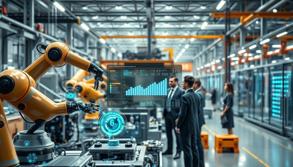 A high-tech visualization of "Key Technologies in Industry 4.0," featuring a futuristic industrial environment. In the foreground, display interconnected cyber-physical systems such as smart sensors and robotic arms performing precise assembly tasks. The middle ground includes a digital dashboard with real-time analytics and holographic data representations, surrounded by a diverse team of professionals in business attire, collaborating and analyzing progress. The background showcases a sleek, automated factory with advanced machinery and a dynamic network of communication. The scene is brightly lit with a blend of natural and artificial light, shot on a Sony A7R IV at 70mm for sharp detail, and enhanced by a polarized filter to reduce glare. Aim for a mood of innovation and efficiency, embodying the transformative spirit of Industry 4.0. A high-tech visualization of "Key Technologies in Industry 4.0," featuring a futuristic industrial environment. In the foreground, display interconnected cyber-physical systems such as smart sensors and robotic arms performing precise assembly tasks. The middle ground includes a digital dashboard with real-time analytics and holographic data representations, surrounded by a diverse team of professionals in business attire, collaborating and analyzing progress. The background showcases a sleek, automated factory with advanced machinery and a dynamic network of communication. The scene is brightly lit with a blend of natural and artificial light, shot on a Sony A7R IV at 70mm for sharp detail, and enhanced by a polarized filter to reduce glare. Aim for a mood of innovation and efficiency, embodying the transformative spirit of Industry 4.0.