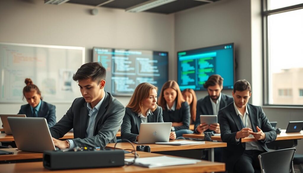 A modern classroom scene showcasing current trends in computer science education. In the foreground, a diverse group of students engaged in collaborative learning, all dressed in professional business attire. One student is coding on a laptop, while another is discussing concepts with a tablet in hand. In the middle ground, high-tech gadgets and interactive displays highlight innovative teaching methods, like augmented reality visualizations of data structures. The background features a large window letting in natural light, illuminating the room's sleek, minimalistic design, with digital whiteboards displaying programming languages and futuristic technology. Shot with a Sony A7R IV at 70mm, focusing on clarity and detail, using a polarized filter for vivid colors, evoking an atmosphere of dynamism and inspiration in learning.