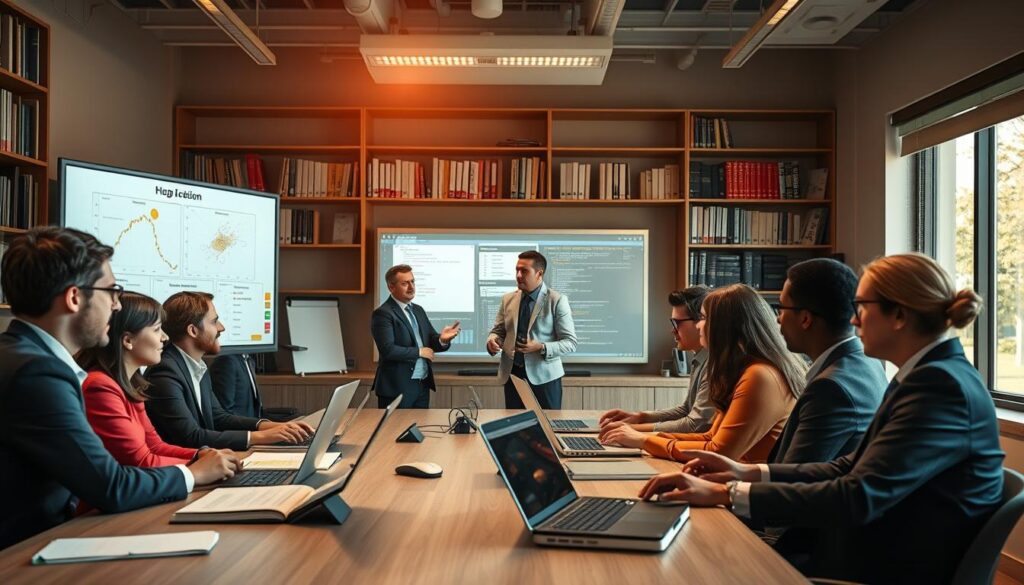 A modern classroom setting showcasing the practical applications of computer science modules. In the foreground, a diverse group of students, dressed in professional business attire, engage collaboratively at a large table with laptops, books, and digital tablets. In the middle, an instructor stands at a smart board, explaining concepts with various charts and coding examples displayed. The background features shelves filled with tech books and a window showing a bright, sunny day that symbolizes inspiration. The lighting is warm and inviting, highlighting the faces of the learners, while maintaining a sharp focus, reminiscent of a Sony A7R IV shot with a 70mm lens and a polarized filter for clarity. The atmosphere is vibrant and intellectual, emphasizing the significance of computer science education in real-world applications.