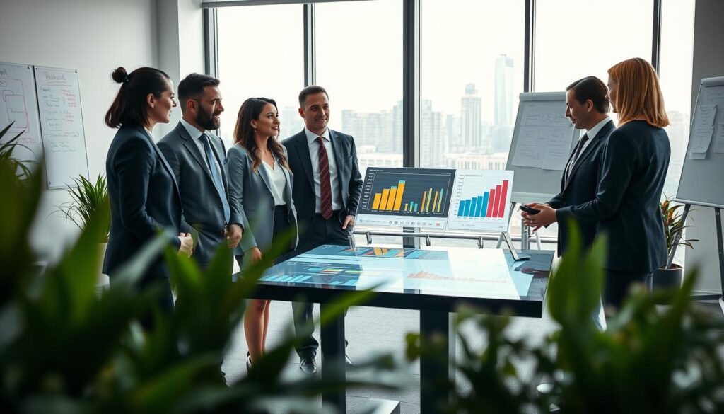 A modern office environment showcasing the theme of cost savings through process optimization in ERP systems. In the foreground, a diverse group of four professionals in business attire are engaging in a collaborative discussion around a large, high-tech touchscreen table displaying colorful graphs and charts related to ERP solutions. The middle ground features sleek office furniture, plants, and a large window revealing a city skyline under bright, natural lighting. In the background, whiteboards with strategic planning notes add depth. The image has a clean, professional atmosphere, with a focus on teamwork and innovation. Shot on a Sony A7R IV at 70mm with a polarized filter, clearly focused and sharply defined. A modern office environment showcasing the theme of cost savings through process optimization in ERP systems. In the foreground, a diverse group of four professionals in business attire are engaging in a collaborative discussion around a large, high-tech touchscreen table displaying colorful graphs and charts related to ERP solutions. The middle ground features sleek office furniture, plants, and a large window revealing a city skyline under bright, natural lighting. In the background, whiteboards with strategic planning notes add depth. The image has a clean, professional atmosphere, with a focus on teamwork and innovation. Shot on a Sony A7R IV at 70mm with a polarized filter, clearly focused and sharply defined.