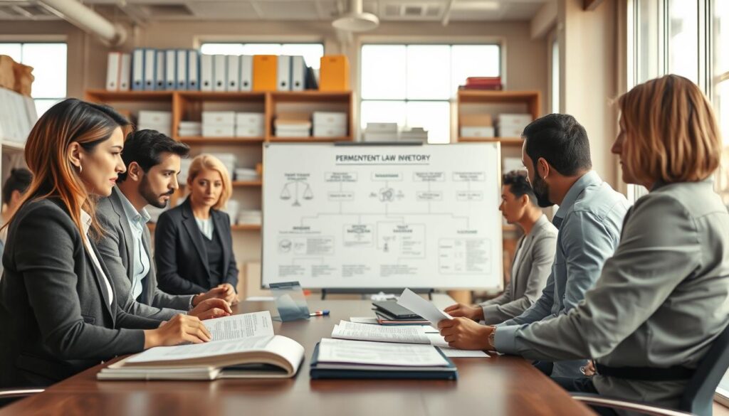 A modern office setting illustrating the concept of "permanent inventory legal requirements." In the foreground, a diverse group of professionals of various ethnicities, dressed in business attire, is engaged in a discussion around a conference table. They are closely examining legal documents related to inventory regulations. In the middle, a large whiteboard features flowcharts and diagrams summarizing key legal points on inventory management. The background showcases a bright, open office environment with large windows, natural light spilling in, and shelves filled with organized files and charts. The mood is collaborative and focused, emphasizing the importance of compliance. Shot with a Sony A7R IV 70mm lens, clearly focused, sharply defined, with a polarized filter enhancing the colors and details. A modern office setting illustrating the concept of "permanent inventory legal requirements." In the foreground, a diverse group of professionals of various ethnicities, dressed in business attire, is engaged in a discussion around a conference table. They are closely examining legal documents related to inventory regulations. In the middle, a large whiteboard features flowcharts and diagrams summarizing key legal points on inventory management. The background showcases a bright, open office environment with large windows, natural light spilling in, and shelves filled with organized files and charts. The mood is collaborative and focused, emphasizing the importance of compliance. Shot with a Sony A7R IV 70mm lens, clearly focused, sharply defined, with a polarized filter enhancing the colors and details.