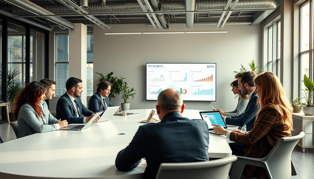 A modern, sleek office environment bustling with activity. In the foreground, a diverse group of professionals in smart business attire is gathered around a large conference table, analyzing data on digital tablets and a laptop showing an ERP system interface. The middle ground features a large screen displaying risk management analytics and graphs, illuminated by soft, natural lighting from floor-to-ceiling windows. In the background, contemporary office decor, including plants and minimalist furniture, enhances the professional atmosphere. The composition is captured using a Sony A7R IV at 70mm, ensuring a sharp focus on the group while creating a gentle blur on the background. The overall mood conveys collaboration and efficiency in risk management with ERP systems, emphasizing teamwork and innovation in enhancing enterprise effectiveness. A modern, sleek office environment bustling with activity. In the foreground, a diverse group of professionals in smart business attire is gathered around a large conference table, analyzing data on digital tablets and a laptop showing an ERP system interface. The middle ground features a large screen displaying risk management analytics and graphs, illuminated by soft, natural lighting from floor-to-ceiling windows. In the background, contemporary office decor, including plants and minimalist furniture, enhances the professional atmosphere. The composition is captured using a Sony A7R IV at 70mm, ensuring a sharp focus on the group while creating a gentle blur on the background. The overall mood conveys collaboration and efficiency in risk management with ERP systems, emphasizing teamwork and innovation in enhancing enterprise effectiveness.