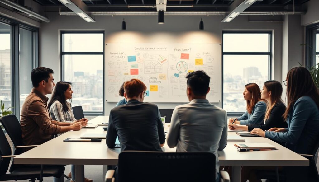A modern startup office environment, showcasing a vibrant and collaborative atmosphere. In the foreground, a group of diverse professionals in business casual attire, engaged in a brainstorming session around a sleek conference table, filled with laptops and notepads. The middle ground features a large whiteboard covered in colorful diagrams and notes, symbolizing the culture of embracing mistakes and learning from them. The background displays large windows with natural light pouring in, revealing a scenic view of a tech hub skyline. The overall scene is captured with soft, diffused lighting, using a Sony A7R IV at 70mm, providing sharp focus and brilliant clarity, conveying a warm, innovative, and dynamic mood of creativity and growth. A modern startup office environment, showcasing a vibrant and collaborative atmosphere. In the foreground, a group of diverse professionals in business casual attire, engaged in a brainstorming session around a sleek conference table, filled with laptops and notepads. The middle ground features a large whiteboard covered in colorful diagrams and notes, symbolizing the culture of embracing mistakes and learning from them. The background displays large windows with natural light pouring in, revealing a scenic view of a tech hub skyline. The overall scene is captured with soft, diffused lighting, using a Sony A7R IV at 70mm, providing sharp focus and brilliant clarity, conveying a warm, innovative, and dynamic mood of creativity and growth.