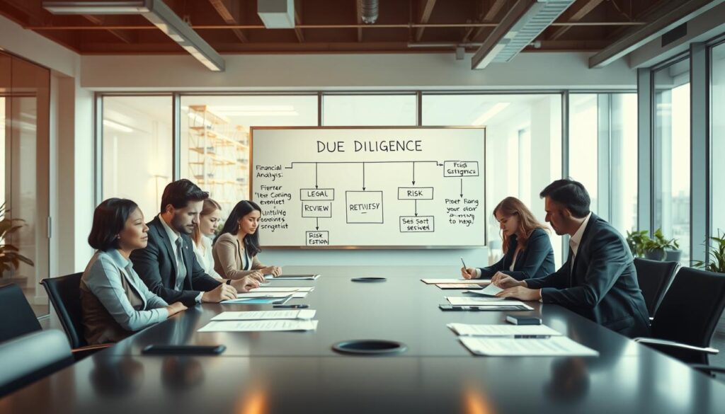 A professional and engaging depiction of a "Due Diligence" process in a corporate setting. In the foreground, a diverse group of business professionals in formal attire is gathered around a large conference table, reviewing documents and discussing strategic plans. In the middle ground, a whiteboard displays a flowchart mapping out the steps of due diligence, with keywords like "Financial Analysis," "Legal Review," and "Risk Assessment" highlighted. The background features a modern office with large windows allowing natural light to filter in, providing a bright and motivating atmosphere. The scene is shot with a Sony A7R IV at 70mm, with sharp focus on the professionals and a softly blurred background. The mood is serious yet collaborative, emphasizing teamwork and thorough analysis. A professional and engaging depiction of a "Due Diligence" process in a corporate setting. In the foreground, a diverse group of business professionals in formal attire is gathered around a large conference table, reviewing documents and discussing strategic plans. In the middle ground, a whiteboard displays a flowchart mapping out the steps of due diligence, with keywords like "Financial Analysis," "Legal Review," and "Risk Assessment" highlighted. The background features a modern office with large windows allowing natural light to filter in, providing a bright and motivating atmosphere. The scene is shot with a Sony A7R IV at 70mm, with sharp focus on the professionals and a softly blurred background. The mood is serious yet collaborative, emphasizing teamwork and thorough analysis.