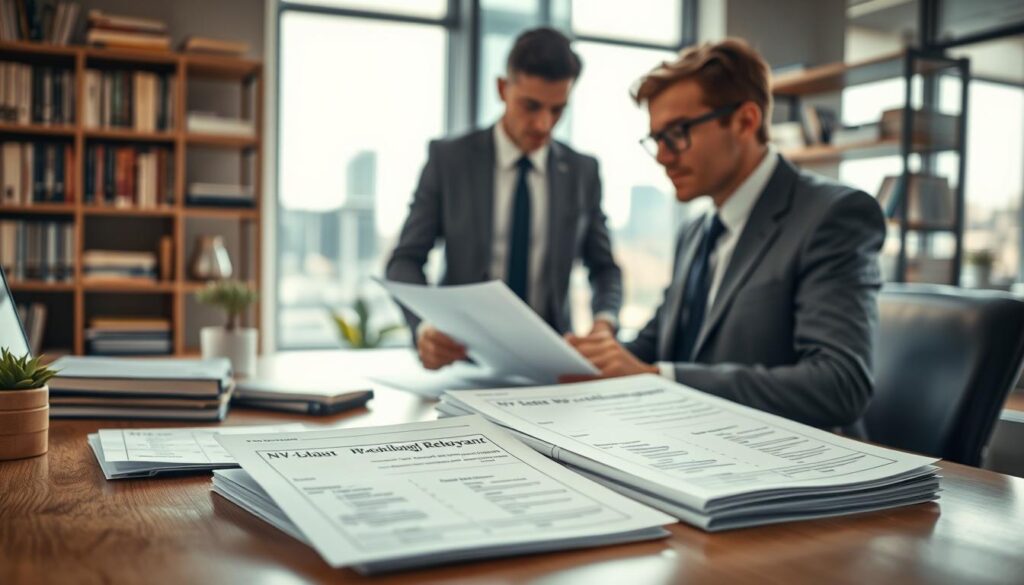 A professional and informative setting illustrating the concept of "NV-Bescheinigung Relevanz." In the foreground, a neatly arranged desk with documents featuring the NV-Bescheinigung prominently displayed, showcasing relevant financial data. In the middle ground, a business professional, attired in smart business attire, thoughtfully analyzing the documents. The background features a bright, modern office environment with shelves filled with financial books and a window revealing a cityscape under soft, natural daylight. The lighting is bright yet warm, creating an inviting atmosphere. The image should have a shallow depth of field for a soft background blur, enhancing the focus on the subject. Shot on a Sony A7R IV with a 70mm lens, ensuring clarity and sharp details.