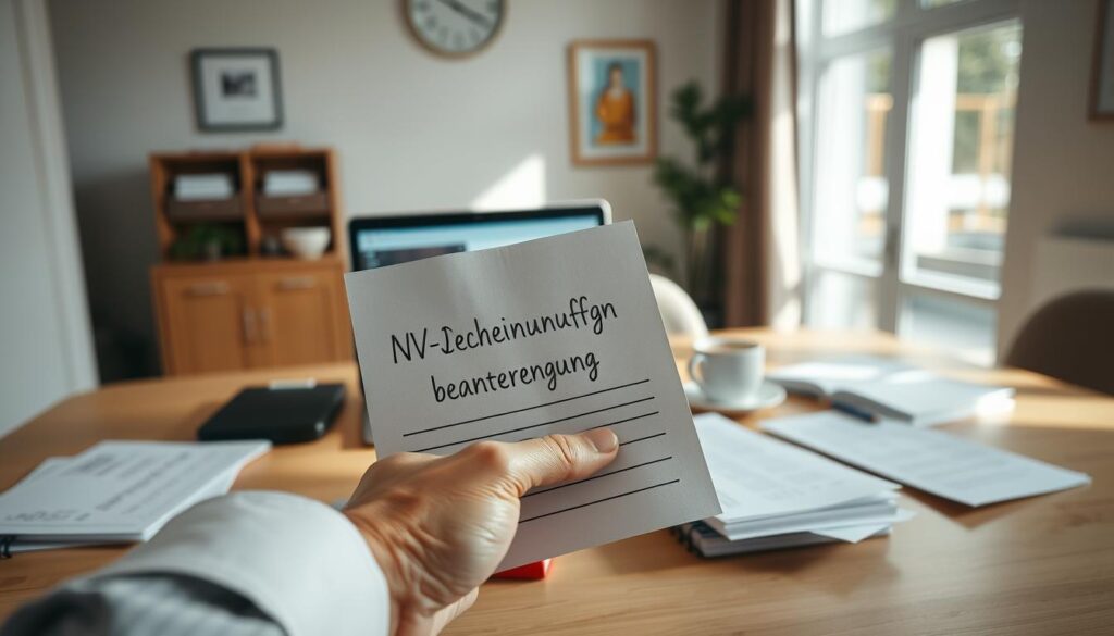 A professional and inviting office setting, showcasing a clean desk with essential paperwork neatly organized. In the foreground, display a hand reaching for a form labeled 'NV-Bescheinigung beantragen', written in elegant handwriting. In the middle, feature a laptop open with a digital application interface visible, and a coffee cup beside it for a warm touch. In the background, add a window with natural light streaming in, casting soft shadows across the room. The atmosphere should be calm and focused, inspiring a sense of productivity. The image is shot with a Sony A7R IV at 70mm, emphasizing clear focus and sharp definition, with a polarized filter enhancing the brightness and clarity of the scene.
