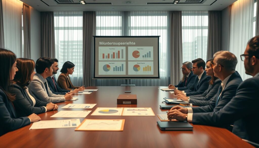 A professional boardroom setting, emphasizing the themes of partnership and shared responsibilities. In the foreground, a diverse group of business individuals in professional attire, engaged in a serious discussion around a large conference table, strategically positioned documents and charts illustrating profit distribution and rights of partners. In the middle ground, a digital projector displays a visual representation of "Mitunternehmerrechte" with graphs and pie charts, subtly reflecting the concept of rights and duties among partners. In the background, large windows with sheer curtains allow soft natural light to filter in, creating an inviting yet focused atmosphere. Shot on a Sony A7R IV at 70mm, achieving clear focus and sharp definition, enhanced with a polarized filter to reduce glare and highlight details. The mood is serious and contemplative, ideal for an important discussion on business partnerships. A professional boardroom setting, emphasizing the themes of partnership and shared responsibilities. In the foreground, a diverse group of business individuals in professional attire, engaged in a serious discussion around a large conference table, strategically positioned documents and charts illustrating profit distribution and rights of partners. In the middle ground, a digital projector displays a visual representation of "Mitunternehmerrechte" with graphs and pie charts, subtly reflecting the concept of rights and duties among partners. In the background, large windows with sheer curtains allow soft natural light to filter in, creating an inviting yet focused atmosphere. Shot on a Sony A7R IV at 70mm, achieving clear focus and sharp definition, enhanced with a polarized filter to reduce glare and highlight details. The mood is serious and contemplative, ideal for an important discussion on business partnerships.