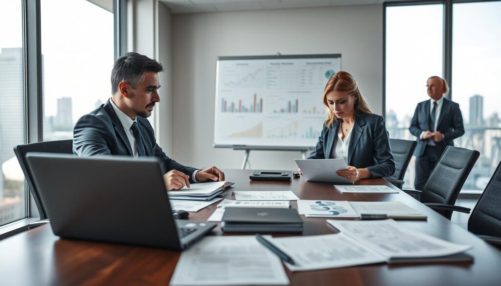 A professional business environment depicting a group of diverse business analysts engaged in a thorough due diligence process for a corporate acquisition. In the foreground, a meticulously organized boardroom table is covered with documents, laptops, and analytical charts. Two individuals, a man in a tailored suit and a woman in a smart blazer, are discussing data on a laptop screen, deep in thought. In the middle ground, a whiteboard displays complex financial metrics and graphs. The background features large windows with a view of a city skyline, allowing natural light to flood the room, creating an atmosphere of focus and determination. Shot on a Sony A7R IV 70mm, ensuring clear focus and sharp details with a polarized filter. The overall mood conveys a sense of professionalism and diligence in the assessment process. A professional business environment depicting a group of diverse business analysts engaged in a thorough due diligence process for a corporate acquisition. In the foreground, a meticulously organized boardroom table is covered with documents, laptops, and analytical charts. Two individuals, a man in a tailored suit and a woman in a smart blazer, are discussing data on a laptop screen, deep in thought. In the middle ground, a whiteboard displays complex financial metrics and graphs. The background features large windows with a view of a city skyline, allowing natural light to flood the room, creating an atmosphere of focus and determination. Shot on a Sony A7R IV 70mm, ensuring clear focus and sharp details with a polarized filter. The overall mood conveys a sense of professionalism and diligence in the assessment process.