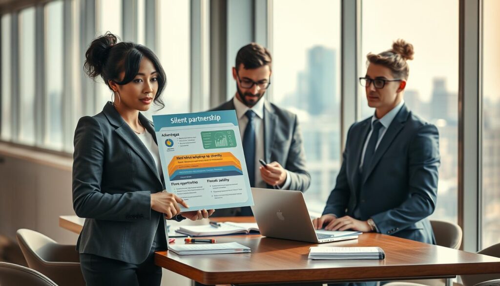 A professional business meeting scene in a stylish conference room, featuring two diverse professionals discussing the concept of "silent partnership." In the foreground, a confident woman in a tailored suit presents a colorful infographic depicting the advantages and risks associated with silent partners, emphasizing growth opportunities, financial stability, and potential challenges. In the middle, a focused man in a sleek business attire intently takes notes, surrounded by notebooks and a laptop. The background shows a large window with city skyline views, bathed in soft natural light, creating a positive, innovative atmosphere. Capture the tension of debate with warm lighting, shot on a Sony A7R IV at 70mm, with a sharply defined focus using a polarized filter, highlighting professionalism and collaboration. A professional business meeting scene in a stylish conference room, featuring two diverse professionals discussing the concept of "silent partnership." In the foreground, a confident woman in a tailored suit presents a colorful infographic depicting the advantages and risks associated with silent partners, emphasizing growth opportunities, financial stability, and potential challenges. In the middle, a focused man in a sleek business attire intently takes notes, surrounded by notebooks and a laptop. The background shows a large window with city skyline views, bathed in soft natural light, creating a positive, innovative atmosphere. Capture the tension of debate with warm lighting, shot on a Sony A7R IV at 70mm, with a sharply defined focus using a polarized filter, highlighting professionalism and collaboration.