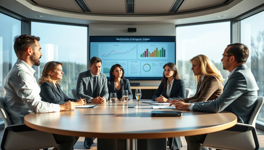 A professional business meeting scene set in a sleek conference room, with a round table at the center. In the foreground, a diverse group of four individuals in formal business attire, engaged in a serious discussion about legal options regarding a "Reaktionsmöglichkeiten Antragsgegner Widerspruch." A calm atmosphere prevails, with focused expressions highlighting the tension of the situation. In the middle background, a large digital screen displays legal documents and charts, symbolizing the complexities of the case. Soft, natural lighting illuminates the scene through large windows, casting gentle shadows. Shot on a Sony A7R IV using a 70mm lens, the image is clearly focused and sharply defined, enhanced by a polarized filter for optimal clarity and composition. A professional business meeting scene set in a sleek conference room, with a round table at the center. In the foreground, a diverse group of four individuals in formal business attire, engaged in a serious discussion about legal options regarding a "Reaktionsmöglichkeiten Antragsgegner Widerspruch." A calm atmosphere prevails, with focused expressions highlighting the tension of the situation. In the middle background, a large digital screen displays legal documents and charts, symbolizing the complexities of the case. Soft, natural lighting illuminates the scene through large windows, casting gentle shadows. Shot on a Sony A7R IV using a 70mm lens, the image is clearly focused and sharply defined, enhanced by a polarized filter for optimal clarity and composition.