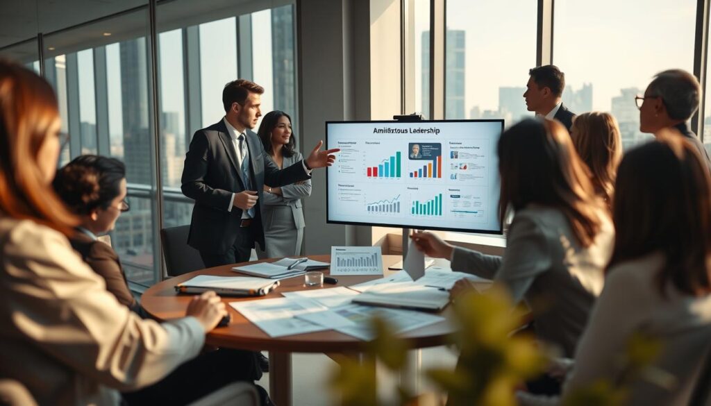 A professional business setting depicting a diverse group of leaders engaged in a strategic discussion about ambidextrous leadership. In the foreground, two individuals in formal business attire, one gesturing while pointing at a digital presentation on a sleek, modern screen. The middle ground features a round table with data reports, graphs, and brainstorming materials, highlighting a mixture of innovative ideas and efficiency strategies. In the background, large windows with soft, natural light streaming in, revealing an urban skyline. The atmosphere conveys collaboration and creativity, with a warm, inviting ambiance. Shot on a Sony A7R IV 70mm, the image is clearly focused and sharply defined, enhanced by a polarized filter to accentuate colors and details.