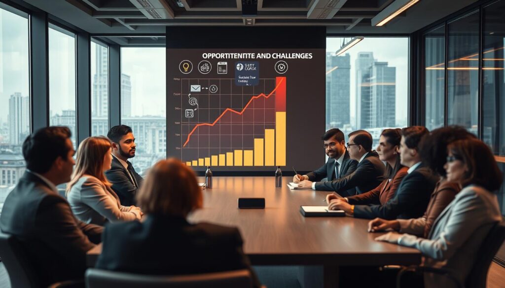 A professional business setting illustrating the "Opportunities and Challenges for Startups." In the foreground, a diverse group of entrepreneurs is engaged in a collaborative discussion around a modern conference table, each dressed in smart business attire, showcasing varied backgrounds. The middle layer features a digital projection of growth graphs, innovative ideas, and startup concepts, emphasizing the dynamic nature of venture capital. In the background, large windows reveal a bustling cityscape, symbolizing the vibrant startup ecosystem. The scene is well-lit with warm, inviting lighting, capturing the focus and determination of the group. Shot on a Sony A7R IV with a 70mm lens, resulting in sharp detail and clarity, complemented by a polarized filter to enhance colors and contrasts. The atmosphere conveys a mix of optimism and resolve, reflecting both opportunities and challenges in the startup world. A professional business setting illustrating the "Opportunities and Challenges for Startups." In the foreground, a diverse group of entrepreneurs is engaged in a collaborative discussion around a modern conference table, each dressed in smart business attire, showcasing varied backgrounds. The middle layer features a digital projection of growth graphs, innovative ideas, and startup concepts, emphasizing the dynamic nature of venture capital. In the background, large windows reveal a bustling cityscape, symbolizing the vibrant startup ecosystem. The scene is well-lit with warm, inviting lighting, capturing the focus and determination of the group. Shot on a Sony A7R IV with a 70mm lens, resulting in sharp detail and clarity, complemented by a polarized filter to enhance colors and contrasts. The atmosphere conveys a mix of optimism and resolve, reflecting both opportunities and challenges in the startup world.