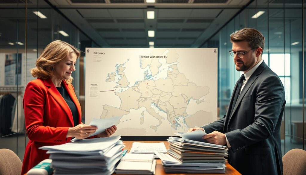 A professional business setting showcasing the concept of tax-free delivery within the EU. In the foreground, an elegantly dressed businesswoman and businessman are discussing documents related to trade, surrounded by stacks of invoices and charts. In the middle, a large, detailed map of Europe highlights key trade routes and regulations, emphasizing the inner-community delivery aspects. The background features a modern office with glass walls, ambient lighting providing a focus on the subjects and the map, creating a sense of clarity and professionalism. The image is captured using a Sony A7R IV at 70mm, with a polarized filter ensuring vibrant colors and sharp details, conveying a serious yet optimistic mood, suitable for illustrating important business regulations. A professional business setting showcasing the concept of tax-free delivery within the EU. In the foreground, an elegantly dressed businesswoman and businessman are discussing documents related to trade, surrounded by stacks of invoices and charts. In the middle, a large, detailed map of Europe highlights key trade routes and regulations, emphasizing the inner-community delivery aspects. The background features a modern office with glass walls, ambient lighting providing a focus on the subjects and the map, creating a sense of clarity and professionalism. The image is captured using a Sony A7R IV at 70mm, with a polarized filter ensuring vibrant colors and sharp details, conveying a serious yet optimistic mood, suitable for illustrating important business regulations.