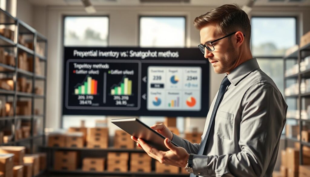 A professional comparison between perpetual inventory and snapshot inventory methods, showcasing a modern office environment. In the foreground, a business professional in formal attire analyzes a digital tablet displaying graphs and charts related to inventory management. In the middle ground, a large screen illustrates key differences between the two inventory methods, with infographics and numerical data clearly visible. The background features shelves filled with neatly arranged products, emphasizing organization. Soft, natural lighting filters in through large windows, creating an inviting atmosphere. The image is shot with a Sony A7R IV at 70mm, ensuring sharp focus and vivid detail, enhanced by a polarized filter to reduce glare and enhance color clarity. A professional comparison between perpetual inventory and snapshot inventory methods, showcasing a modern office environment. In the foreground, a business professional in formal attire analyzes a digital tablet displaying graphs and charts related to inventory management. In the middle ground, a large screen illustrates key differences between the two inventory methods, with infographics and numerical data clearly visible. The background features shelves filled with neatly arranged products, emphasizing organization. Soft, natural lighting filters in through large windows, creating an inviting atmosphere. The image is shot with a Sony A7R IV at 70mm, ensuring sharp focus and vivid detail, enhanced by a polarized filter to reduce glare and enhance color clarity.