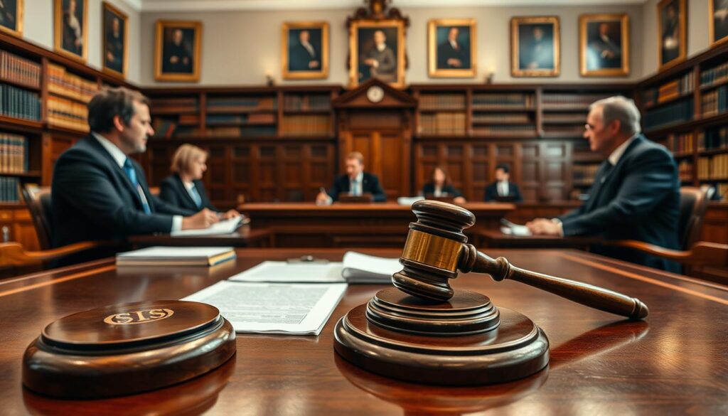 A professional courtroom setting, depicting a German Landgericht (regional court) interior, with judges and legal professionals in business attire focused on a legal discussion. In the foreground, a wooden gavel and legal documents are neatly arranged on a polished mahogany desk. In the middle, the judges are seated, deep in conversation, with a large, ornate wooden bench in the background. The atmosphere is serious and professional, with soft, diffused lighting illuminating the space, emphasizing the grandeur of the court. The background includes tall bookshelves filled with law books and framed legal portraits. Shot on a Sony A7R IV at 70mm, clearly focused, sharply defined, with a polarized filter to enhance textures and details in the environment. A professional courtroom setting, depicting a German Landgericht (regional court) interior, with judges and legal professionals in business attire focused on a legal discussion. In the foreground, a wooden gavel and legal documents are neatly arranged on a polished mahogany desk. In the middle, the judges are seated, deep in conversation, with a large, ornate wooden bench in the background. The atmosphere is serious and professional, with soft, diffused lighting illuminating the space, emphasizing the grandeur of the court. The background includes tall bookshelves filled with law books and framed legal portraits. Shot on a Sony A7R IV at 70mm, clearly focused, sharply defined, with a polarized filter to enhance textures and details in the environment.