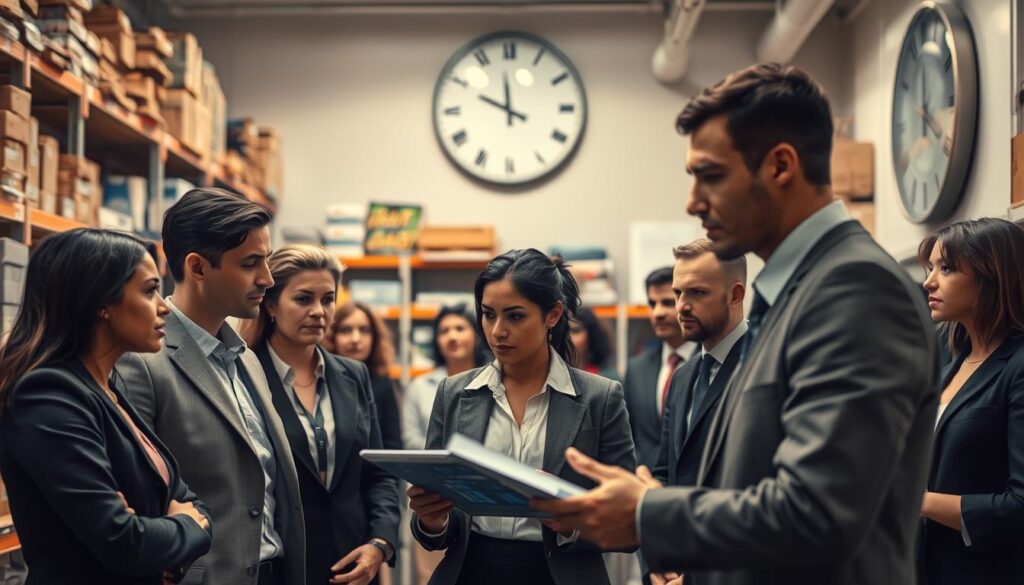 A professional office environment depicting challenges in implementing continuous inventory. In the foreground, a diverse group of business professionals, dressed in smart business attire, discuss inventory data displayed on digital screens, with furrowed brows reflecting concern. The middle ground features shelves filled with various products, some disorganized, emphasizing logistical challenges. In the background, a large wall clock shows time passing quickly, symbolizing urgency. Soft, diffused lighting bathes the scene, creating a focused atmosphere. Shot on a Sony A7R IV at 70mm, the image is sharply defined with a polarized filter to enhance color contrast, evoking a sense of determination amid the complexities of continuous inventory management. A professional office environment depicting challenges in implementing continuous inventory. In the foreground, a diverse group of business professionals, dressed in smart business attire, discuss inventory data displayed on digital screens, with furrowed brows reflecting concern. The middle ground features shelves filled with various products, some disorganized, emphasizing logistical challenges. In the background, a large wall clock shows time passing quickly, symbolizing urgency. Soft, diffused lighting bathes the scene, creating a focused atmosphere. Shot on a Sony A7R IV at 70mm, the image is sharply defined with a polarized filter to enhance color contrast, evoking a sense of determination amid the complexities of continuous inventory management.