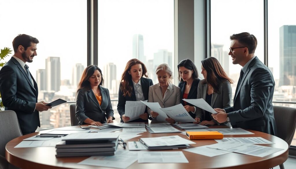 A professional office environment with a large, round table in the foreground, scattered with analytical documents and financial reports. In the middle ground, depict a diverse team of business professionals in formal attire, deep in discussion, with expressions of concentration and determination. In the background, a large window offers a view of a modern city skyline, symbolizing growth and opportunity. The lighting is bright and natural, filtering through the window, creating a sense of clarity and focus. Use a shallow depth of field to keep the foreground sharp while softly blurring the background. The overall mood is one of collaboration and strategic planning, highlighting the concept of internal audit as a protective shield against financial and legal risks. Shot on Sony A7R IV, 70mm, clearly focused, sharply defined, with a polarized filter for enhanced clarity. A professional office environment with a large, round table in the foreground, scattered with analytical documents and financial reports. In the middle ground, depict a diverse team of business professionals in formal attire, deep in discussion, with expressions of concentration and determination. In the background, a large window offers a view of a modern city skyline, symbolizing growth and opportunity. The lighting is bright and natural, filtering through the window, creating a sense of clarity and focus. Use a shallow depth of field to keep the foreground sharp while softly blurring the background. The overall mood is one of collaboration and strategic planning, highlighting the concept of internal audit as a protective shield against financial and legal risks. Shot on Sony A7R IV, 70mm, clearly focused, sharply defined, with a polarized filter for enhanced clarity.