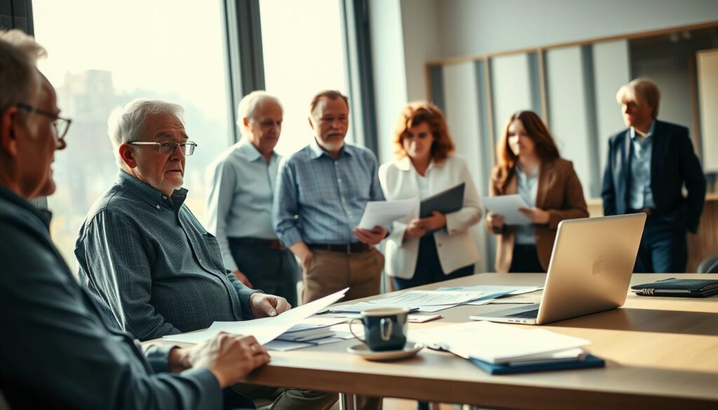 A professional office setting with a diverse group of middle-aged and elderly individuals, including both retirees and students, engaged in a discussion about the NV certificate application process. In the foreground, a retired gentleman in a smart casual outfit is reviewing documents, while a young female student in business attire takes notes on a laptop. The middle ground showcases a modern desk cluttered with paperwork, a coffee cup, and an open laptop. The background features a large window with soft natural light streaming in, casting a warm glow over the scene. The entire composition should evoke a sense of collaboration and professionalism, shot on a Sony A7R IV at 70mm, clearly focused, with sharply defined details and a polarized filter to enhance colors and clarity.
