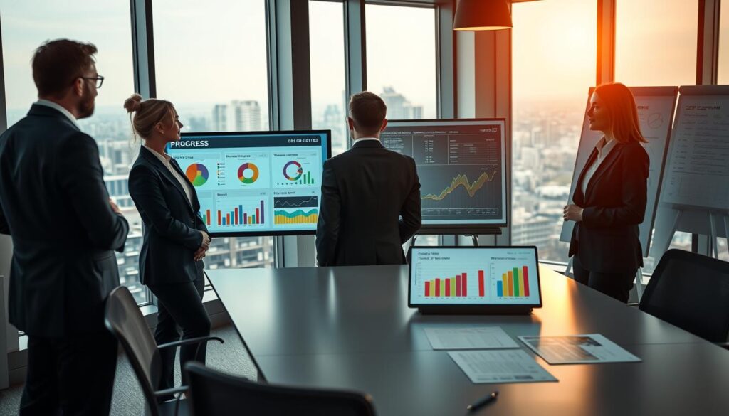 A professional project controlling scene illustrating progress measurement and a Soll-Ist comparison. In the foreground, a diverse team of business professionals dressed in business attire examines a digital dashboard displaying colorful graphs and charts, highlighting project progress. In the middle ground, a modern office setting with large windows, a sleek conference table, and a whiteboard filled with project timelines and milestones. The background features a cityscape visible through the windows, suggesting a bustling business environment. New artificial lighting casts a bright and motivating atmosphere, enhancing the clarity of the charts and specifications. Shot on a Sony A7R IV at 70mm, the image is sharply defined and clearly focused, utilizing a polarized filter for vibrant color depth, conveying a sense of professionalism and productivity.