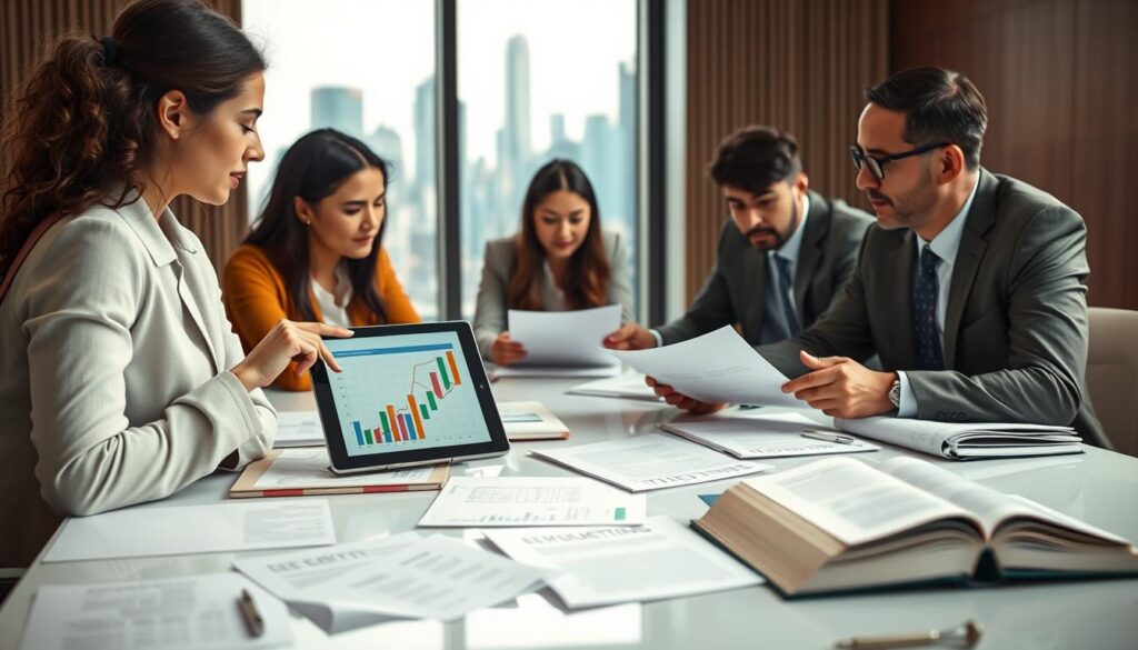 A professional setting featuring a group of diverse influencers discussing their financial documents, surrounded by tax forms and legal books on a sleek conference table. In the foreground, a young woman in smart casual attire actively points at a tablet showing graphs and data, while a middle-aged man in formal business attire reviews closely related paperwork. The background displays a large window with a modern city skyline, indicating a bustling environment. Soft, natural lighting filters in, creating a productive mood. The image is shot with a Sony A7R IV at 70mm, ensuring a shallow depth of field, keeping the subjects sharply defined while softly blurring the background for focus. A professional setting featuring a group of diverse influencers discussing their financial documents, surrounded by tax forms and legal books on a sleek conference table. In the foreground, a young woman in smart casual attire actively points at a tablet showing graphs and data, while a middle-aged man in formal business attire reviews closely related paperwork. The background displays a large window with a modern city skyline, indicating a bustling environment. Soft, natural lighting filters in, creating a productive mood. The image is shot with a Sony A7R IV at 70mm, ensuring a shallow depth of field, keeping the subjects sharply defined while softly blurring the background for focus.