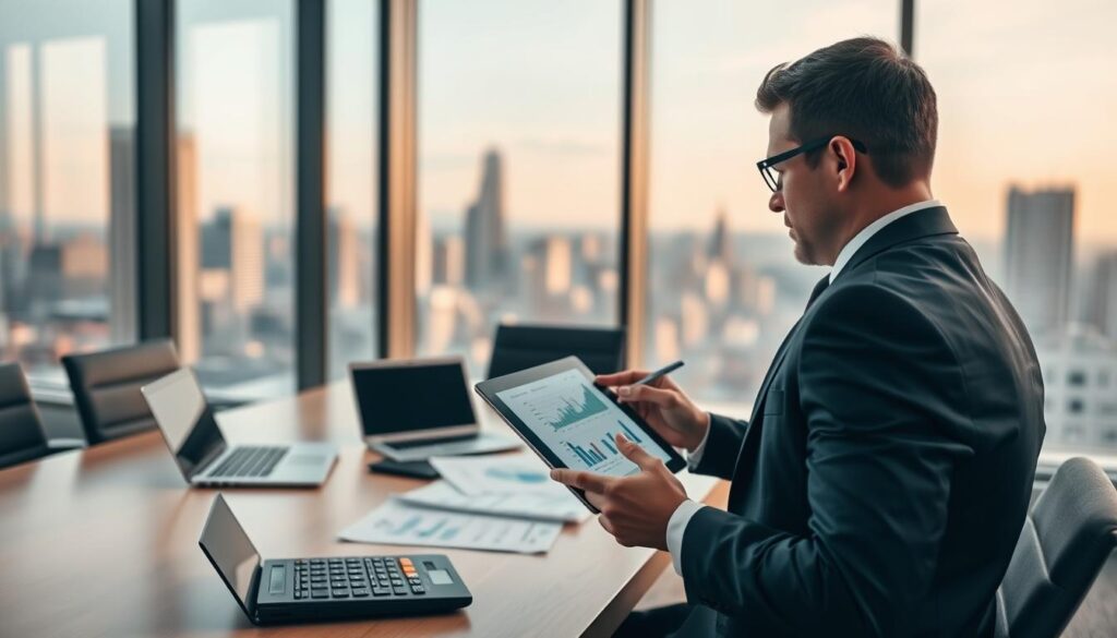 A professional workspace featuring a business executive analyzing financial data related to EBIT (Earnings Before Interest and Taxes). In the foreground, a businessperson in professional attire, focused on a digital tablet, displays graphs and charts illustrating EBIT metrics. In the middle ground, a modern conference table with laptops, financial reports, and a calculator. The background showcases a large window revealing a city skyline, bathed in soft, natural light. The scene is captured with a Sony A7R IV 70mm lens, sharply defined, using a polarized filter for clarity. The atmosphere conveys a sense of professionalism and analytical focus, ideal for discussing the practical relevance of EBIT in business analysis. A professional workspace featuring a business executive analyzing financial data related to EBIT (Earnings Before Interest and Taxes). In the foreground, a businessperson in professional attire, focused on a digital tablet, displays graphs and charts illustrating EBIT metrics. In the middle ground, a modern conference table with laptops, financial reports, and a calculator. The background showcases a large window revealing a city skyline, bathed in soft, natural light. The scene is captured with a Sony A7R IV 70mm lens, sharply defined, using a polarized filter for clarity. The atmosphere conveys a sense of professionalism and analytical focus, ideal for discussing the practical relevance of EBIT in business analysis.
