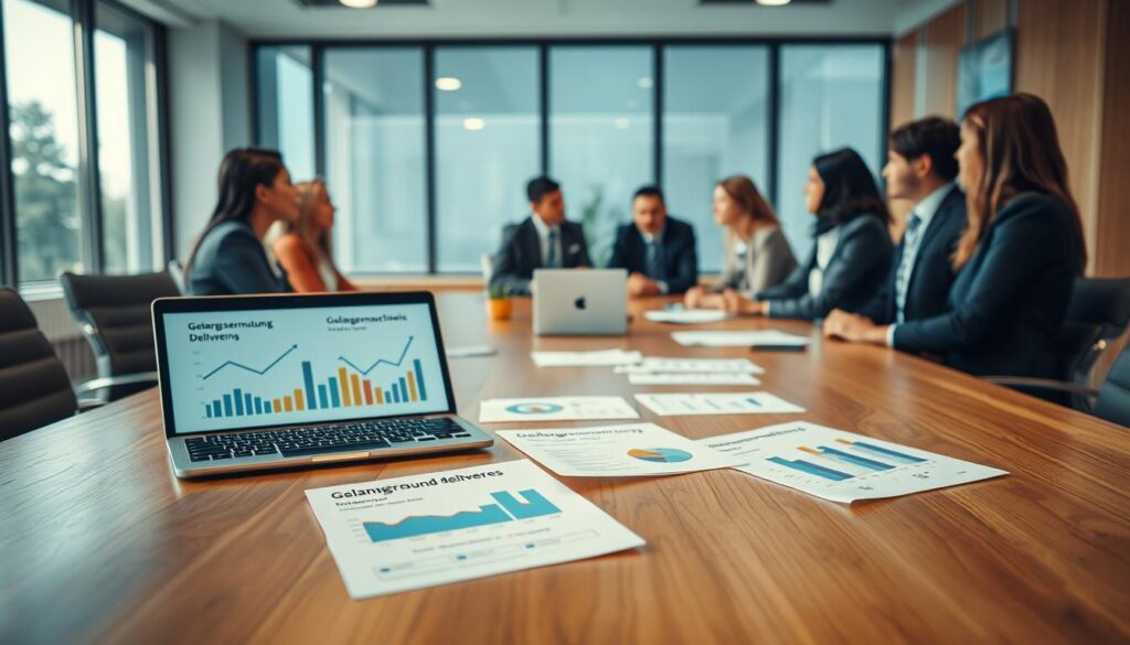 A professional workspace featuring a large, polished wooden table in the foreground, with a sleek laptop displaying graphs and charts on inner-community deliveries within the EU. Scattered documents illustrate the concepts of "Gelangensvermutung" and "Gelangensnachweis," each with clear headings and detailed numbers. In the middle ground, a group of business professionals in smart attire—diverse in gender and ethnicity—engaged in a discussion with focused expressions. The background showcases a modern conference room with large windows, letting in natural light and creating a bright, energetic atmosphere. The lighting is soft yet crisp, with shadows adding depth, all captured with a Sony A7R IV at 70mm, ensuring high clarity and sharp focus. The overall mood is collaborative and professional, emphasizing the importance of compliance and communication in EU rules. A professional workspace featuring a large, polished wooden table in the foreground, with a sleek laptop displaying graphs and charts on inner-community deliveries within the EU. Scattered documents illustrate the concepts of "Gelangensvermutung" and "Gelangensnachweis," each with clear headings and detailed numbers. In the middle ground, a group of business professionals in smart attire—diverse in gender and ethnicity—engaged in a discussion with focused expressions. The background showcases a modern conference room with large windows, letting in natural light and creating a bright, energetic atmosphere. The lighting is soft yet crisp, with shadows adding depth, all captured with a Sony A7R IV at 70mm, ensuring high clarity and sharp focus. The overall mood is collaborative and professional, emphasizing the importance of compliance and communication in EU rules.