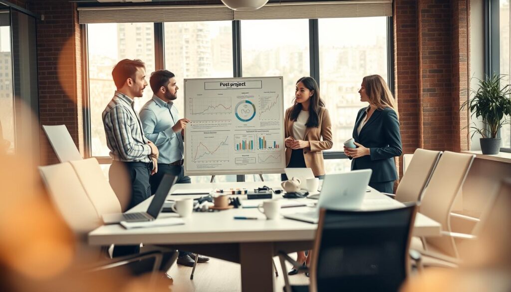 A professional workspace showcasing a post-project review meeting. In the foreground, a diverse group of four professionals—two men and two women—are engaged in a discussion, analyzing a large presentation board filled with charts and notes. They are dressed in smart business attire, exuding focus and collaboration. In the middle, a modern conference table cluttered with laptops, notepads, and coffee cups, symbolizes an active exchange of ideas. The background features a large window allowing natural light to flood the room, illuminating the space and creating a productive atmosphere. A soft bokeh effect emphasizes the subjects while maintaining a clean and professional aesthetic. Shot on a Sony A7R IV at 70mm, with clearly focused and sharply defined details, enhanced by a polarized filter.