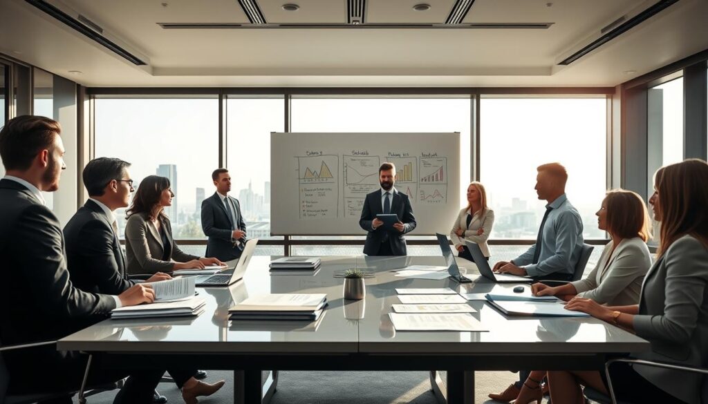A serene and professional office environment showcasing the concept of risk minimization in the due diligence process. In the foreground, a diverse team of business professionals dressed in formal attire gathers around a sleek conference table filled with documents, laptops, and financial reports. The middle ground features a large whiteboard with analytical charts and risk assessment diagrams drawn in colorful markers. In the background, floor-to-ceiling windows reveal a city skyline, allowing natural light to flood the space, creating a bright and optimistic atmosphere. The scene is shot with a Sony A7R IV at 70mm, clearly focused with sharply defined details, enhanced by a polarized filter to reduce glare and enhance color depth, evoking a sense of collaboration and thorough analysis in a corporate setting. A serene and professional office environment showcasing the concept of risk minimization in the due diligence process. In the foreground, a diverse team of business professionals dressed in formal attire gathers around a sleek conference table filled with documents, laptops, and financial reports. The middle ground features a large whiteboard with analytical charts and risk assessment diagrams drawn in colorful markers. In the background, floor-to-ceiling windows reveal a city skyline, allowing natural light to flood the space, creating a bright and optimistic atmosphere. The scene is shot with a Sony A7R IV at 70mm, clearly focused with sharply defined details, enhanced by a polarized filter to reduce glare and enhance color depth, evoking a sense of collaboration and thorough analysis in a corporate setting.
