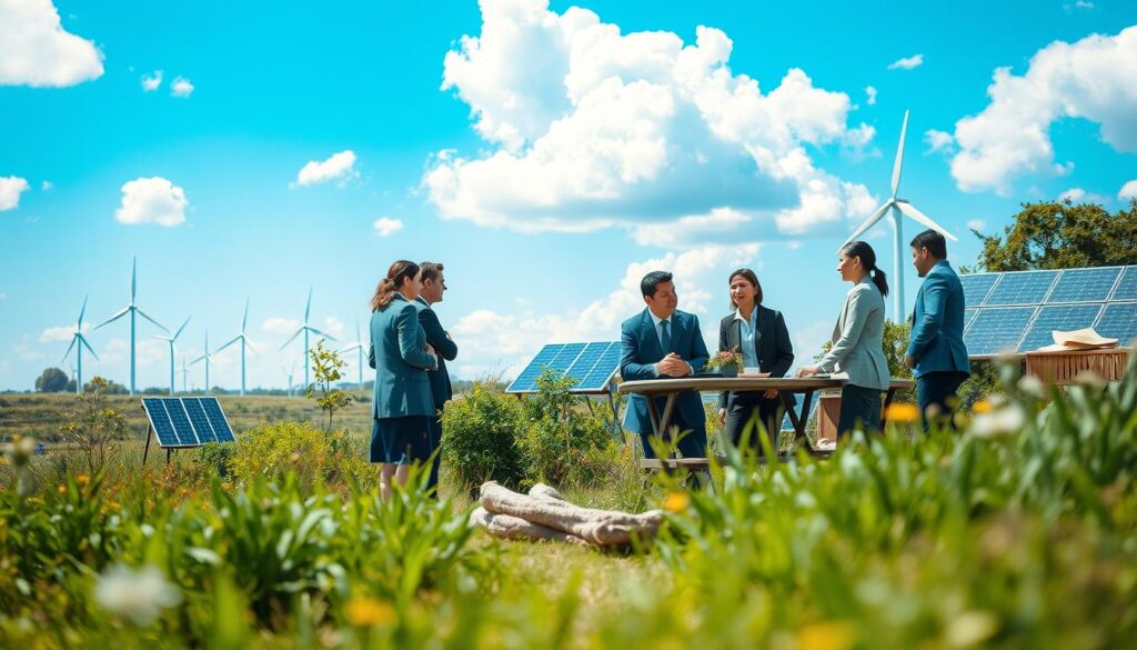 A serene landscape showcasing sustainable development, with a balance between nature and innovation. In the foreground, a diverse group of professionals in business attire, engaged in a lively discussion around a table made of recycled materials, surrounded by greenery. The middle ground features a garden with solar panels integrated seamlessly into the environment and wind turbines on the horizon. The background presents a bright blue sky with fluffy white clouds, symbolizing a hopeful future. The scene is illuminated by soft, natural lighting, creating a warm and inspiring atmosphere. Shot with a Sony A7R IV at 70mm, ensuring sharp focus and clear details, enhanced by a polarized filter to bring out the vibrant colors of nature.