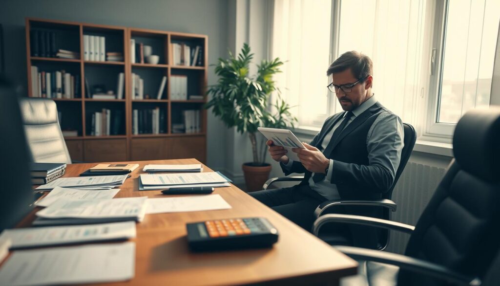 A serene office environment depicting the concept of silent partnerships and tax benefits. In the foreground, a neatly arranged desk with financial documents and a calculator; next to it, a calm businessperson in professional attire, thoughtfully analyzing charts on a tablet. The middle ground features a large window with soft natural light illuminating the space, creating a warm atmosphere. In the background, a bookshelf filled with finance-related books and a potted plant for a touch of greenery. The scene is shot with a Sony A7R IV at 70mm, ensuring a sharply defined focus on the desk and businessperson, with a polarized filter enhancing the clarity and color of the setting. A serene office environment depicting the concept of silent partnerships and tax benefits. In the foreground, a neatly arranged desk with financial documents and a calculator; next to it, a calm businessperson in professional attire, thoughtfully analyzing charts on a tablet. The middle ground features a large window with soft natural light illuminating the space, creating a warm atmosphere. In the background, a bookshelf filled with finance-related books and a potted plant for a touch of greenery. The scene is shot with a Sony A7R IV at 70mm, ensuring a sharply defined focus on the desk and businessperson, with a polarized filter enhancing the clarity and color of the setting.