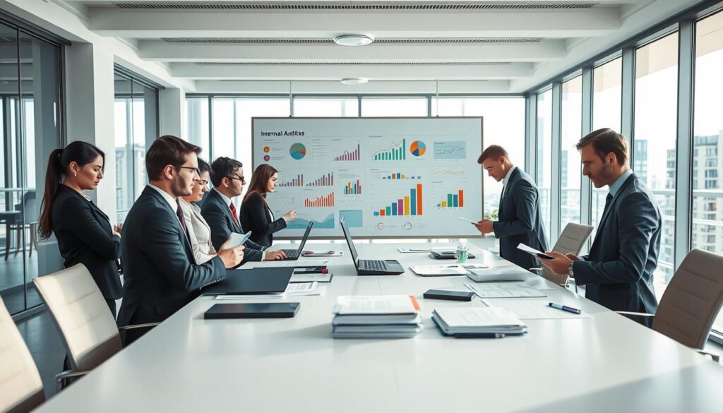 A sleek and modern office space, showcasing a team of professional auditors collaborating around a large table, immersed in discussion and analysis of reports. In the foreground, a diverse group of individuals in business attire reviews documents and interacts with digital devices, embodying the agility of internal auditing methods. In the middle, a large whiteboard filled with colorful charts and graphs symbolizes efficiency and innovative strategies. The background features floor-to-ceiling windows flooding the room with natural light, creating a bright and motivating atmosphere. Shot with a Sony A7R IV at 70mm, the image is sharply defined, utilizing a polarized filter to enhance clarity and vibrancy, conveying a sense of productivity and forward-thinking. A sleek and modern office space, showcasing a team of professional auditors collaborating around a large table, immersed in discussion and analysis of reports. In the foreground, a diverse group of individuals in business attire reviews documents and interacts with digital devices, embodying the agility of internal auditing methods. In the middle, a large whiteboard filled with colorful charts and graphs symbolizes efficiency and innovative strategies. The background features floor-to-ceiling windows flooding the room with natural light, creating a bright and motivating atmosphere. Shot with a Sony A7R IV at 70mm, the image is sharply defined, utilizing a polarized filter to enhance clarity and vibrancy, conveying a sense of productivity and forward-thinking.