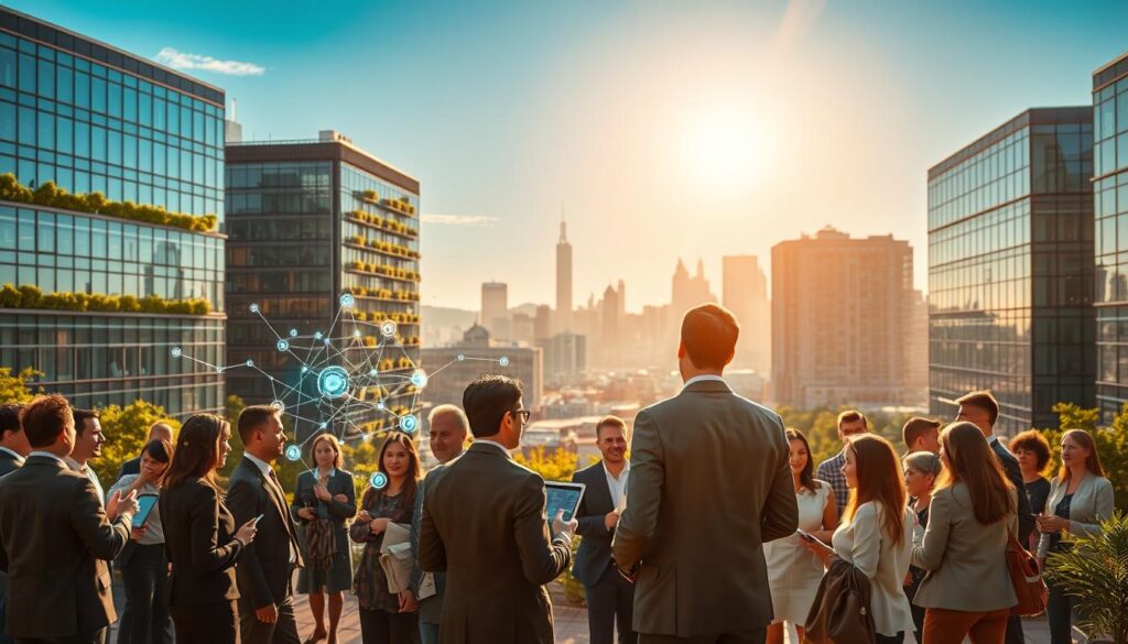 A vibrant and dynamic scene illustrating "Netzwerke Silicon Valley," showcasing interlinked technology hubs bustling with innovation. In the foreground, a diverse group of professionals in business attire are engaged in discussions, holding digital devices and pointing at holographic projections of data networks. The middle ground features modern office buildings with glass facades, decorated with greenery, symbolizing collaboration and growth. The background reveals the iconic silhouette of San Francisco's skyline under a clear blue sky, enhanced by soft golden sunlight casting warm reflections. The image captures a sense of energy and forward-thinking, highlighting the atmosphere of creativity and connectivity in Silicon Valley. Shot on Sony A7R IV at 70mm, clearly focused with sharply defined details using a polarized filter for enhanced clarity.