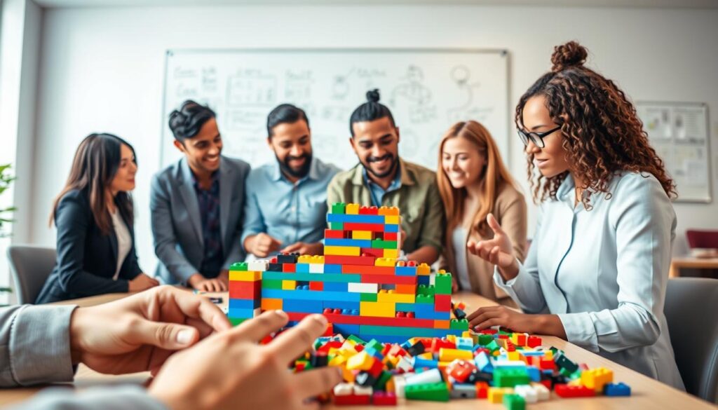 A vibrant and engaging scene capturing a diverse group of four professionals collaborating actively with colorful LEGO bricks in a well-lit conference room. The foreground shows hands stacking LEGO pieces, symbolizing teamwork and creativity. In the middle ground, the group is focused on building a large structure, with one member explaining their idea, showcasing a mix of enthusiasm and concentration. The background features a whiteboard filled with sketches and notes, emphasizing innovation and brainstorming. Soft, natural lighting fills the room, creating a warm and inclusive atmosphere, while a slightly blurred, modern office backdrop enhances the focus on teamwork. Captured with a Sony A7R IV at 70mm, ensuring clarity and sharp detail, with a polarized filter enhancing colors. A vibrant and engaging scene capturing a diverse group of four professionals collaborating actively with colorful LEGO bricks in a well-lit conference room. The foreground shows hands stacking LEGO pieces, symbolizing teamwork and creativity. In the middle ground, the group is focused on building a large structure, with one member explaining their idea, showcasing a mix of enthusiasm and concentration. The background features a whiteboard filled with sketches and notes, emphasizing innovation and brainstorming. Soft, natural lighting fills the room, creating a warm and inclusive atmosphere, while a slightly blurred, modern office backdrop enhances the focus on teamwork. Captured with a Sony A7R IV at 70mm, ensuring clarity and sharp detail, with a polarized filter enhancing colors.