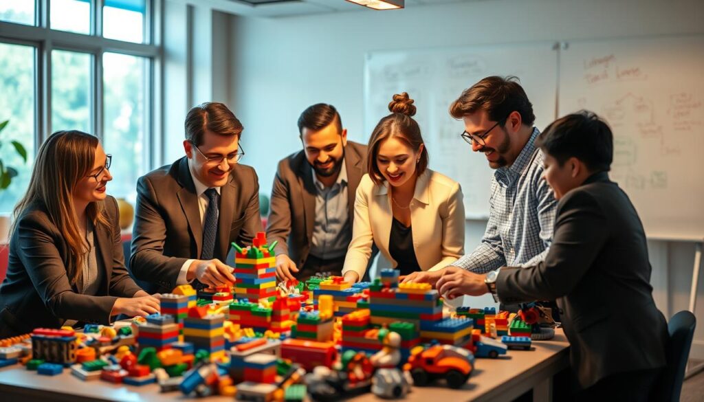 A vibrant and engaging scene depicting a diverse group of professionals engaged in a Lego Serious Play workshop. In the foreground, a mix of men and women, dressed in professional business attire, collaborate enthusiastically around a table filled with colorful Lego bricks. Their expressions convey focus and creativity as they build imaginative structures that represent innovative ideas. The middle background showcases a lively office space, with large windows letting in warm natural light, casting soft shadows across the room. In the distance, a whiteboard filled with diagrams and notes highlights the innovative concepts being explored. The atmosphere is inspiring and energetic, encouraging teamwork and innovative thinking. Shot on a Sony A7R IV at 70mm, the composition is clearly focused and sharply defined, with a polarized filter enhancing the colors and details. A vibrant and engaging scene depicting a diverse group of professionals engaged in a Lego Serious Play workshop. In the foreground, a mix of men and women, dressed in professional business attire, collaborate enthusiastically around a table filled with colorful Lego bricks. Their expressions convey focus and creativity as they build imaginative structures that represent innovative ideas. The middle background showcases a lively office space, with large windows letting in warm natural light, casting soft shadows across the room. In the distance, a whiteboard filled with diagrams and notes highlights the innovative concepts being explored. The atmosphere is inspiring and energetic, encouraging teamwork and innovative thinking. Shot on a Sony A7R IV at 70mm, the composition is clearly focused and sharply defined, with a polarized filter enhancing the colors and details.