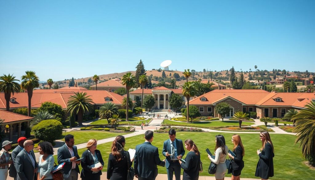 A vibrant campus scene at Stanford University, showcasing its iconic red-tiled roofs and palm trees against a clear blue sky. In the foreground, a diverse group of students in professional business attire is engaged in a lively discussion, surrounded by books and laptops. The middle ground features the university's historic buildings and lush green lawns, reflecting a blend of tradition and modernity. In the background, the Stanford Dish can be seen atop the hills, symbolizing innovation and research. The image is captured with a Sony A7R IV at 70mm, using a polarized filter for clarity and sharp detail. The lighting is bright and inviting, creating a hopeful and inspiring atmosphere, underscoring the role of universities in fostering innovation.