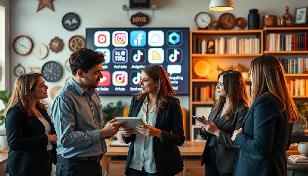 A vibrant, dynamic workspace filled with symbols of social media influence; in the foreground, a diverse group of three influencers dressed in professional attire—two discussing strategies while the third takes notes on a digital tablet. In the middle ground, a large screen displays various social media icons, including Instagram and TikTok, showcasing trending content. The background features shelves lined with books and awards, emphasizing success in the digital landscape. Soft, bright lighting creates an inspiring atmosphere, captured with a Sony A7R IV at 70mm, sharply focused, with a polarized filter to enrich colors and contrast. The scene conveys the significance of social media for influencers in Germany, radiating creativity, collaboration, and professionalism. A vibrant, dynamic workspace filled with symbols of social media influence; in the foreground, a diverse group of three influencers dressed in professional attire—two discussing strategies while the third takes notes on a digital tablet. In the middle ground, a large screen displays various social media icons, including Instagram and TikTok, showcasing trending content. The background features shelves lined with books and awards, emphasizing success in the digital landscape. Soft, bright lighting creates an inspiring atmosphere, captured with a Sony A7R IV at 70mm, sharply focused, with a polarized filter to enrich colors and contrast. The scene conveys the significance of social media for influencers in Germany, radiating creativity, collaboration, and professionalism.