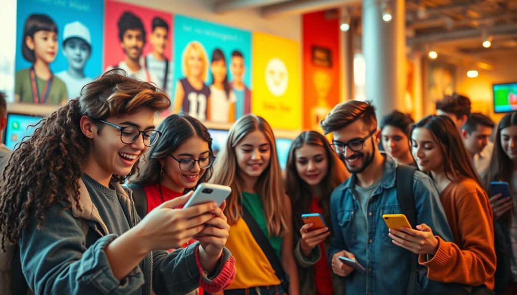 A vibrant scene depicting a group of diverse teenagers engaging with their smartphones, surrounded by colorful posters of popular influencers in a modern, urban environment. In the foreground, one teenager excitedly shows a video to a friend, their expressions reflecting fascination and admiration. In the middle, others are watching content on their phones, with various digital screens and social media icons subtly integrated into the background. The setting should be bright and lively, illuminated by warm, natural light filtering through large windows. Captured with a Sony A7R IV at 70mm, the focus is sharp and vividly defined, conveying a sense of energy and engagement among the youth. The overall mood is enthusiastic, showcasing the positive influence of social media personalities on teenagers. A vibrant scene depicting a group of diverse teenagers engaging with their smartphones, surrounded by colorful posters of popular influencers in a modern, urban environment. In the foreground, one teenager excitedly shows a video to a friend, their expressions reflecting fascination and admiration. In the middle, others are watching content on their phones, with various digital screens and social media icons subtly integrated into the background. The setting should be bright and lively, illuminated by warm, natural light filtering through large windows. Captured with a Sony A7R IV at 70mm, the focus is sharp and vividly defined, conveying a sense of energy and engagement among the youth. The overall mood is enthusiastic, showcasing the positive influence of social media personalities on teenagers.
